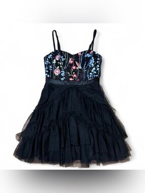 City Studios Black Dress with Blue and Pink Floral Embroidered Bodice